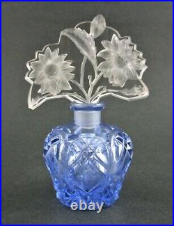 Floral INTAGLIO Stopper antique BLUE cut glass PERFUME BOTTLE Signed CZECH