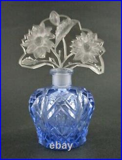 Floral INTAGLIO Stopper antique BLUE cut glass PERFUME BOTTLE Signed CZECH