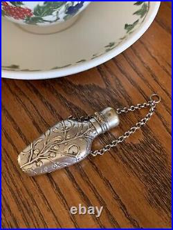 French Antique MISTLETOE Silver Plate Chatelaine Perfume Flask Bottle Pendant