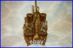 French Bronze Ormolu Filigree Jeweled Perfume Bottles Holder Funnel Set Vintage