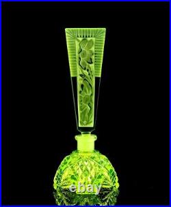 Glamorous Art Deco Bohemian Vaseline Glass Collectible Perfume Bottle