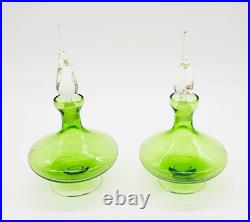 Glass Perfume Bottles Pair of 2 Matching Green w Clear Swirled Stoppers Antique