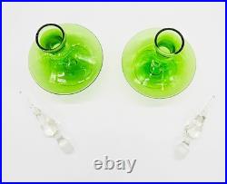 Glass Perfume Bottles Pair of 2 Matching Green w Clear Swirled Stoppers Antique