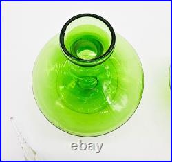 Glass Perfume Bottles Pair of 2 Matching Green w Clear Swirled Stoppers Antique
