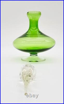 Glass Perfume Bottles Pair of 2 Matching Green w Clear Swirled Stoppers Antique