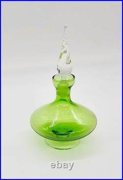 Glass Perfume Bottles Pair of 2 Matching Green w Clear Swirled Stoppers Antique