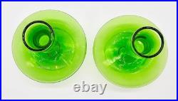 Glass Perfume Bottles Pair of 2 Matching Green w Clear Swirled Stoppers Antique