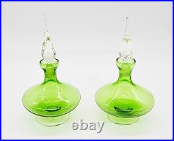 Glass Perfume Bottles Pair of 2 Matching Green w Clear Swirled Stoppers Antique