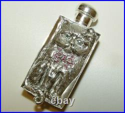 Gorgeous, Antique, French Silver 800 Cat Perfume Bottle With Emeralds & Rubies