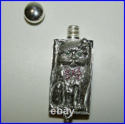 Gorgeous, Antique, French Silver 800 Cat Perfume Bottle With Emeralds & Rubies