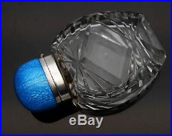 Gorgeous Guilloche Enamel Sterling Silver Cut Glass Small Perfume Bottle Vintage