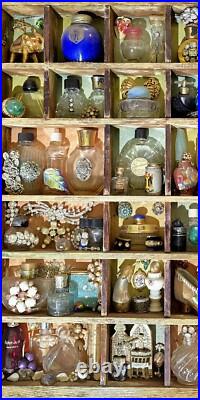 Handcrafted Vintage Mini Perfume Bottles Jewelry Figurines Wooden Shadow Box