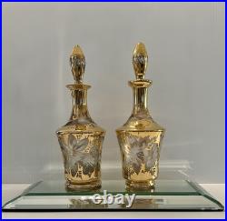 Irice Czech Pair Art Glass Dresser Perfume/Cologne Bottles Gold Cut To Clear