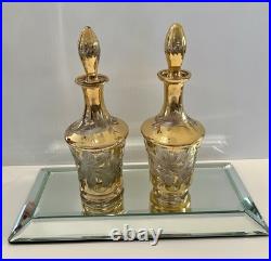 Irice Czech Pair Art Glass Dresser Perfume/Cologne Bottles Gold Cut To Clear