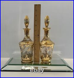 Irice Czech Pair Art Glass Dresser Perfume/Cologne Bottles Gold Cut To Clear