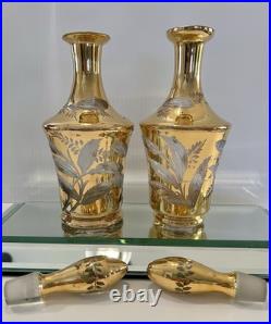 Irice Czech Pair Art Glass Dresser Perfume/Cologne Bottles Gold Cut To Clear
