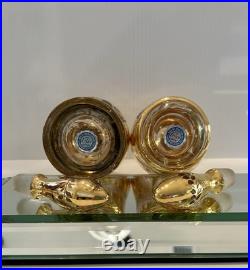 Irice Czech Pair Art Glass Dresser Perfume/Cologne Bottles Gold Cut To Clear