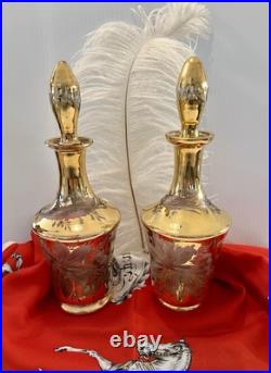 Irice Czech Pair Art Glass Dresser Perfume/Cologne Bottles Gold Cut To Clear
