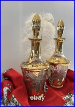 Irice Czech Pair Art Glass Dresser Perfume/Cologne Bottles Gold Cut To Clear