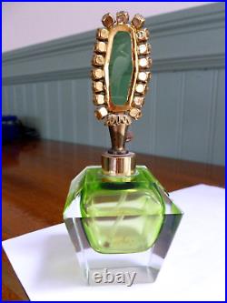 Irice Intaglio Perfume Bottle Vtg Heavy Faceted Glass wRhinestone & Bird Green
