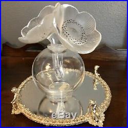 LALIQUE Vintage France Crystal Anemone Two Flowers Art Perfume Bottle Signed R