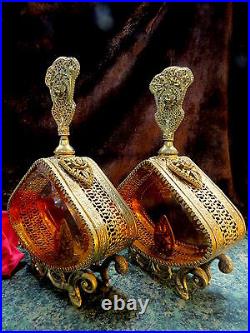 LARGE Pair GOLD PLATE Vntg Perfume Bottle BEVELED Amber Glass Stylebuilt Matson