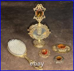 LARGE Vintage Figural Vanity Perfume Bottle Filigree Ormolu Gold with Brush & More