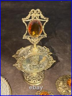 LARGE Vintage Figural Vanity Perfume Bottle Filigree Ormolu Gold with Brush & More