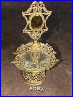 LARGE Vintage Figural Vanity Perfume Bottle Filigree Ormolu Gold with Brush & More