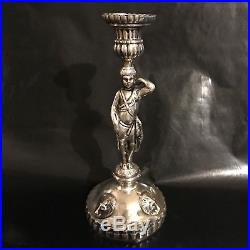 LSNR Vintage Figural Candlestick Hunting Silver on Casted Brass Rare 1200 Grams