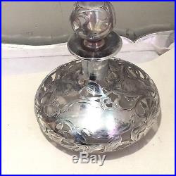 Large 4.5 Antique Art Nouveau Vintage Perfume Decanter Bottle Silver Overlay