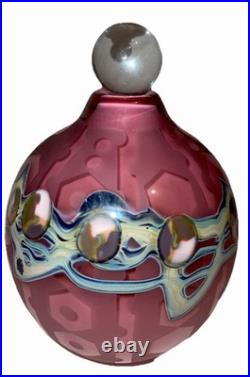 Large 6 Inch Pink Art Glass Perfume Bottle Etched