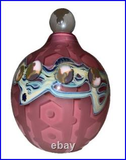 Large 6 Inch Pink Art Glass Perfume Bottle Etched