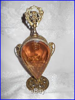 Large Vintage Metal Filigree Beveled Rose Glass Ormolu Perfume Bottle 10 1/2