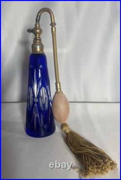 Large Vintage Perfume Bottle Atomizer Cobalt Blue Czechoslovakia