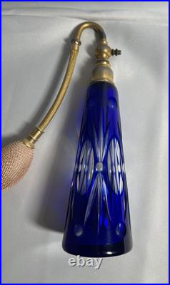 Large Vintage Perfume Bottle Atomizer Cobalt Blue Czechoslovakia