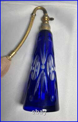 Large Vintage Perfume Bottle Atomizer Cobalt Blue Czechoslovakia