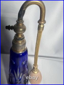 Large Vintage Perfume Bottle Atomizer Cobalt Blue Czechoslovakia
