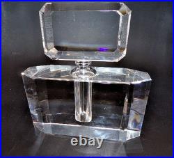 Large Vtg Art Deco Crystal Perfume Bottle with Glass Etched Stopper Heavy EUC
