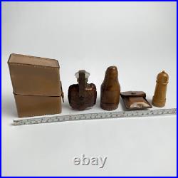 Lot Of 5 Vintage Antique Set Of Perfume Bottles England Leather Wood Cases