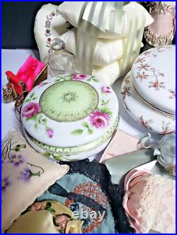 Lot Of Ladies Vintage Boudoir Items Puffs, Sachet Bags, Etc