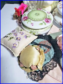 Lot Of Ladies Vintage Boudoir Items Puffs, Sachet Bags, Etc