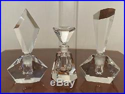 Lot of 3 Vintage UNUSED Multi-Faceted Tall, Heavy Crystal Glass PERFUME BOTTLES
