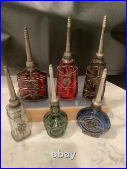 Lot of 6 Vintage Moroccan Glass Perfume Bottles with Metal Overlay Ornate Decor