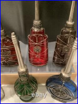 Lot of 6 Vintage Moroccan Glass Perfume Bottles with Metal Overlay Ornate Decor