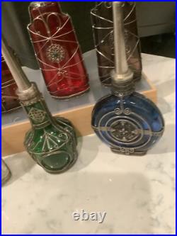 Lot of 6 Vintage Moroccan Glass Perfume Bottles with Metal Overlay Ornate Decor