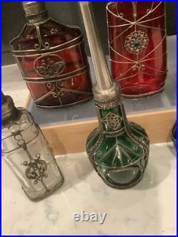 Lot of 6 Vintage Moroccan Glass Perfume Bottles with Metal Overlay Ornate Decor