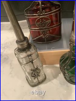 Lot of 6 Vintage Moroccan Glass Perfume Bottles with Metal Overlay Ornate Decor