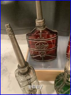 Lot of 6 Vintage Moroccan Glass Perfume Bottles with Metal Overlay Ornate Decor