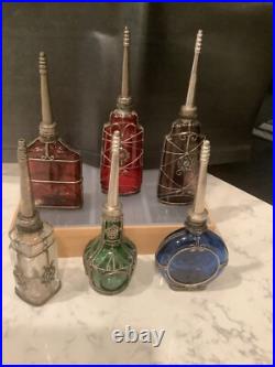 Lot of 6 Vintage Moroccan Glass Perfume Bottles with Metal Overlay Ornate Decor